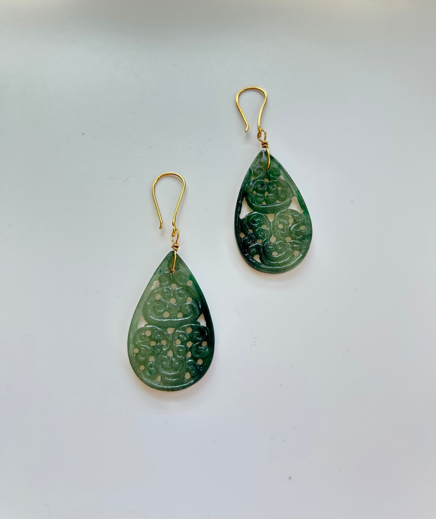 Natural Jade Droop Earrings- Hand Carved Green Jade