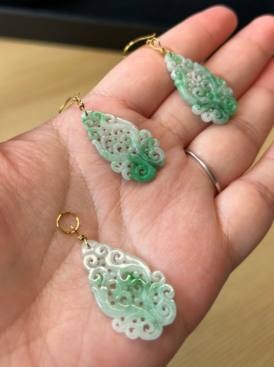 Natural Jadeite Jewelry Set- Soft Green (Earrings & Pendant, 14k Gold)n