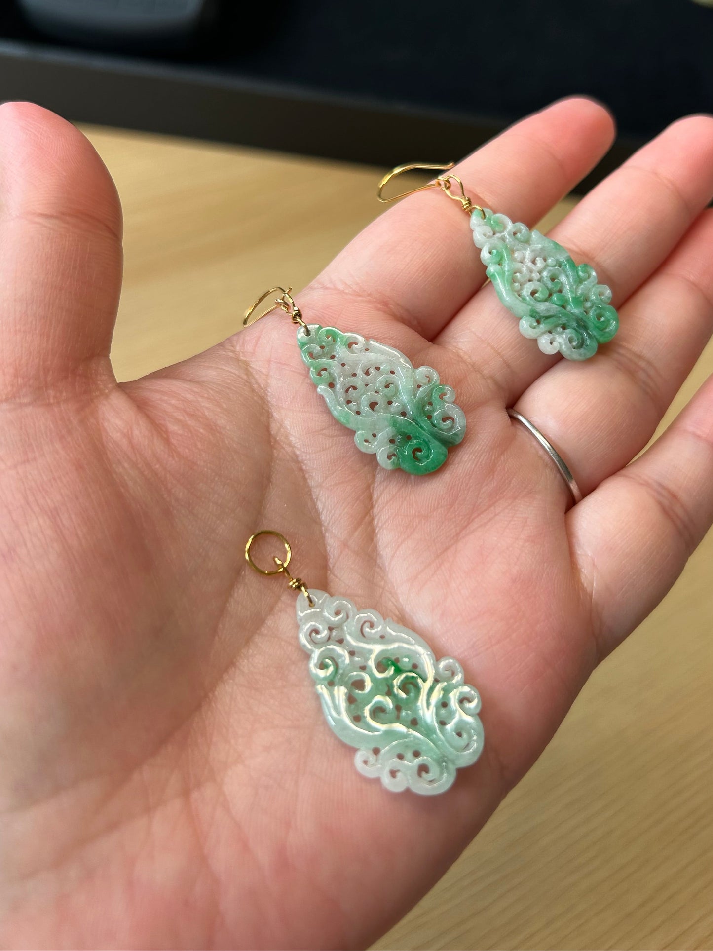 Natural Jadeite Jewelry Set- Soft Green (Earrings & Pendant, 14k Gold)