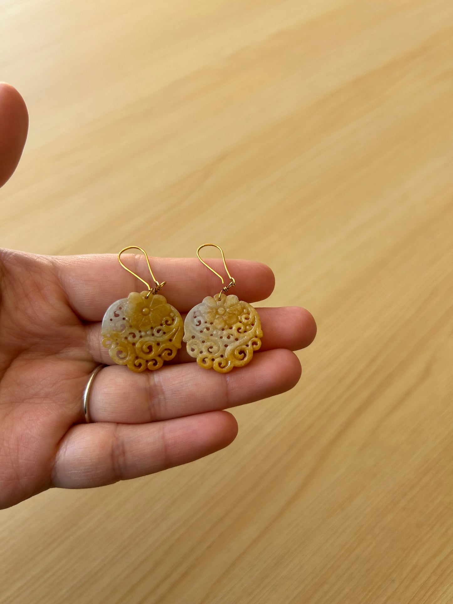 Natural Yellow & White Jade Carved Drop Earring- Floral Motif