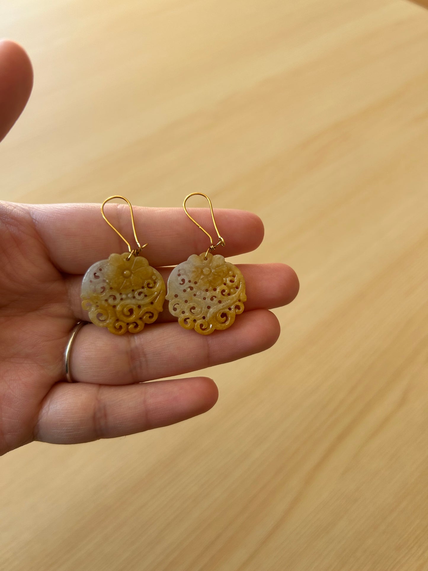 Natural Yellow & White Jade Carved Drop Earring- Floral Motif
