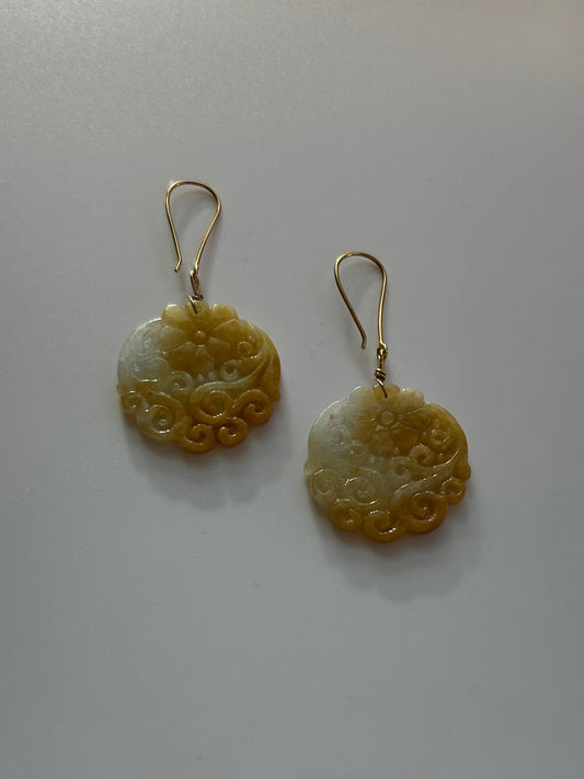 Natural Yellow & White Jade Carved Drop Earring- Floral Motif
