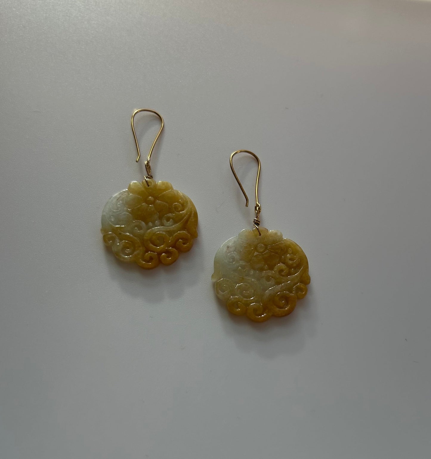 Natural Yellow & White Jade Carved Drop Earring- Floral Motif