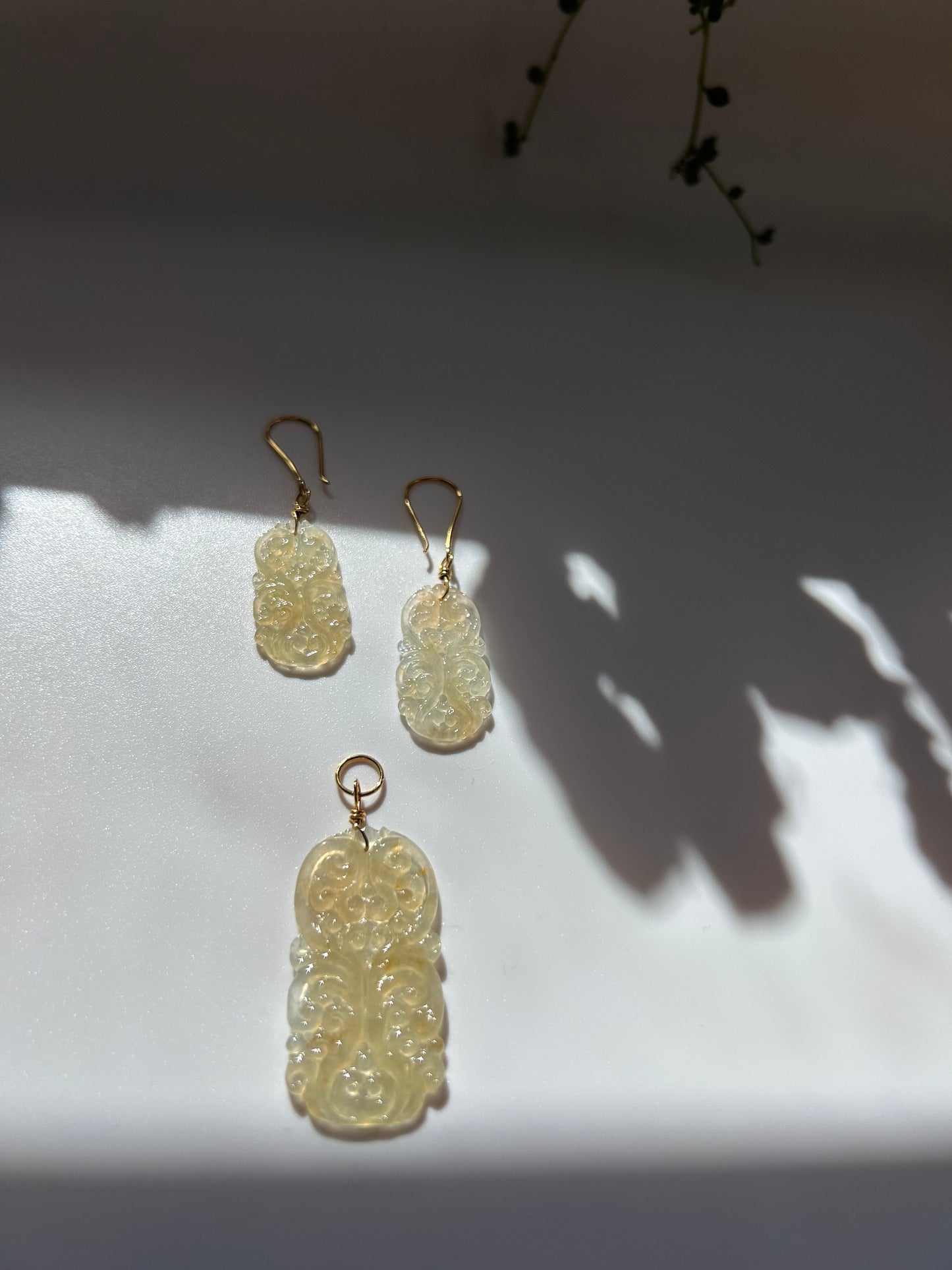 Natural Yellow Jade Carved Set - Earring & Pendant (14K Gold Hooks)
