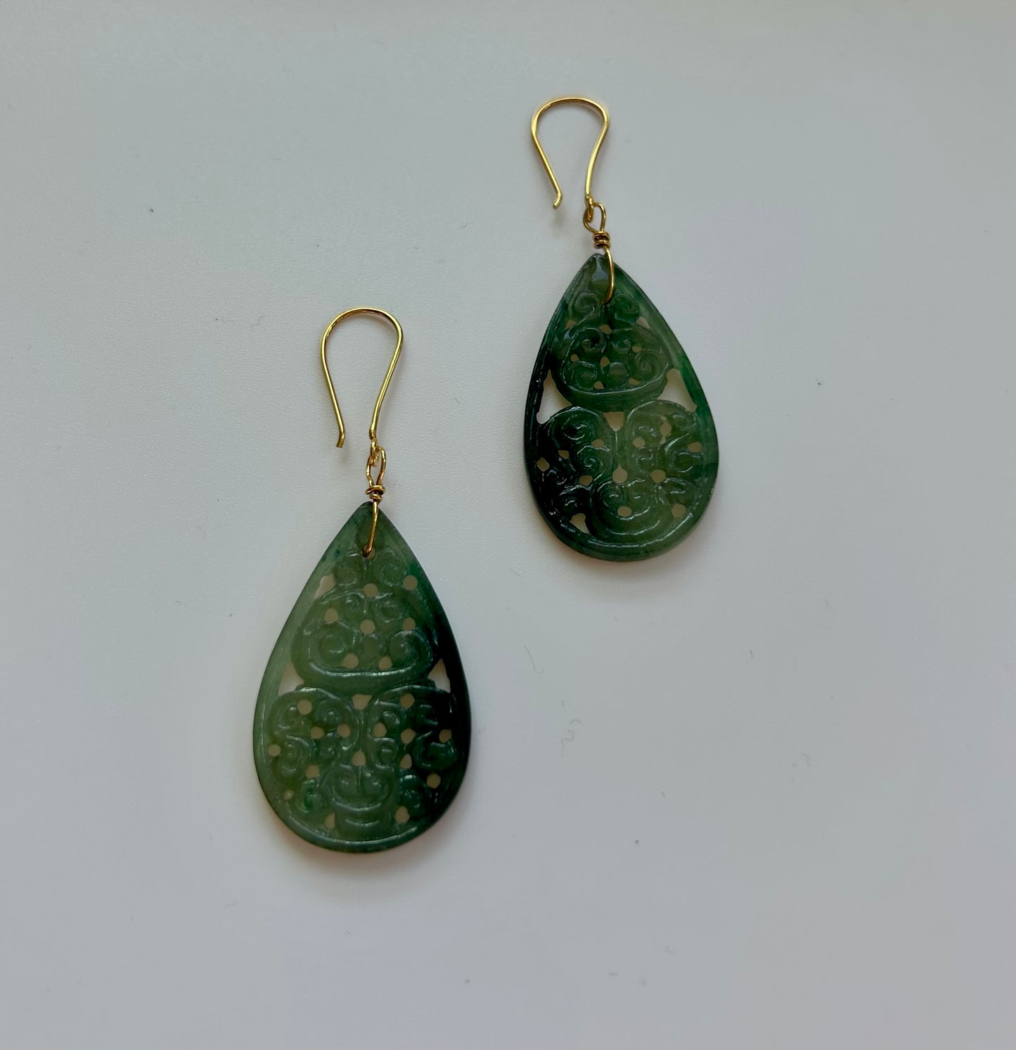 Natural Jade Droop Earrings- Hand Carved Green Jade