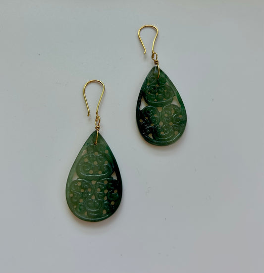 Natural Jade Droop Earrings- Hand Carved Green Jade