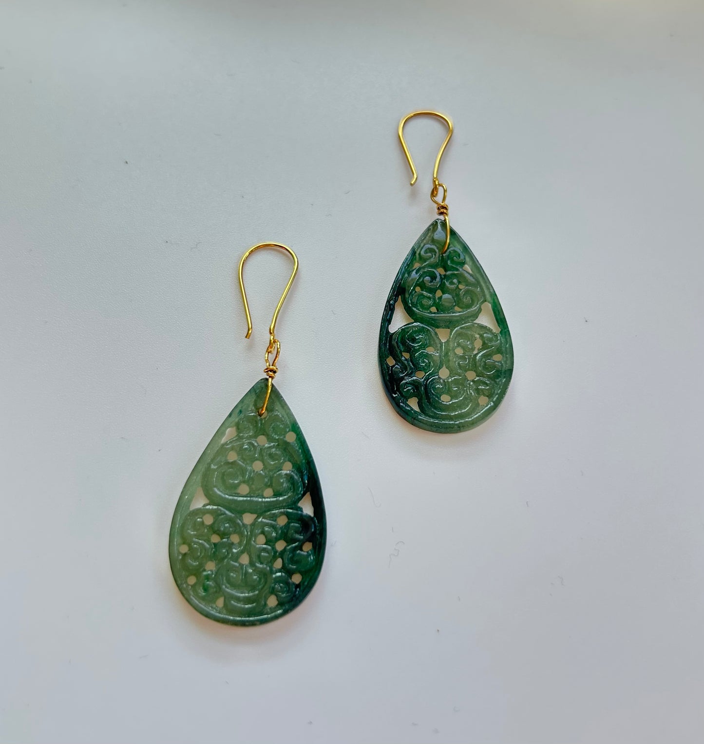 Natural Jade Droop Earrings- Hand Carved Green Jade