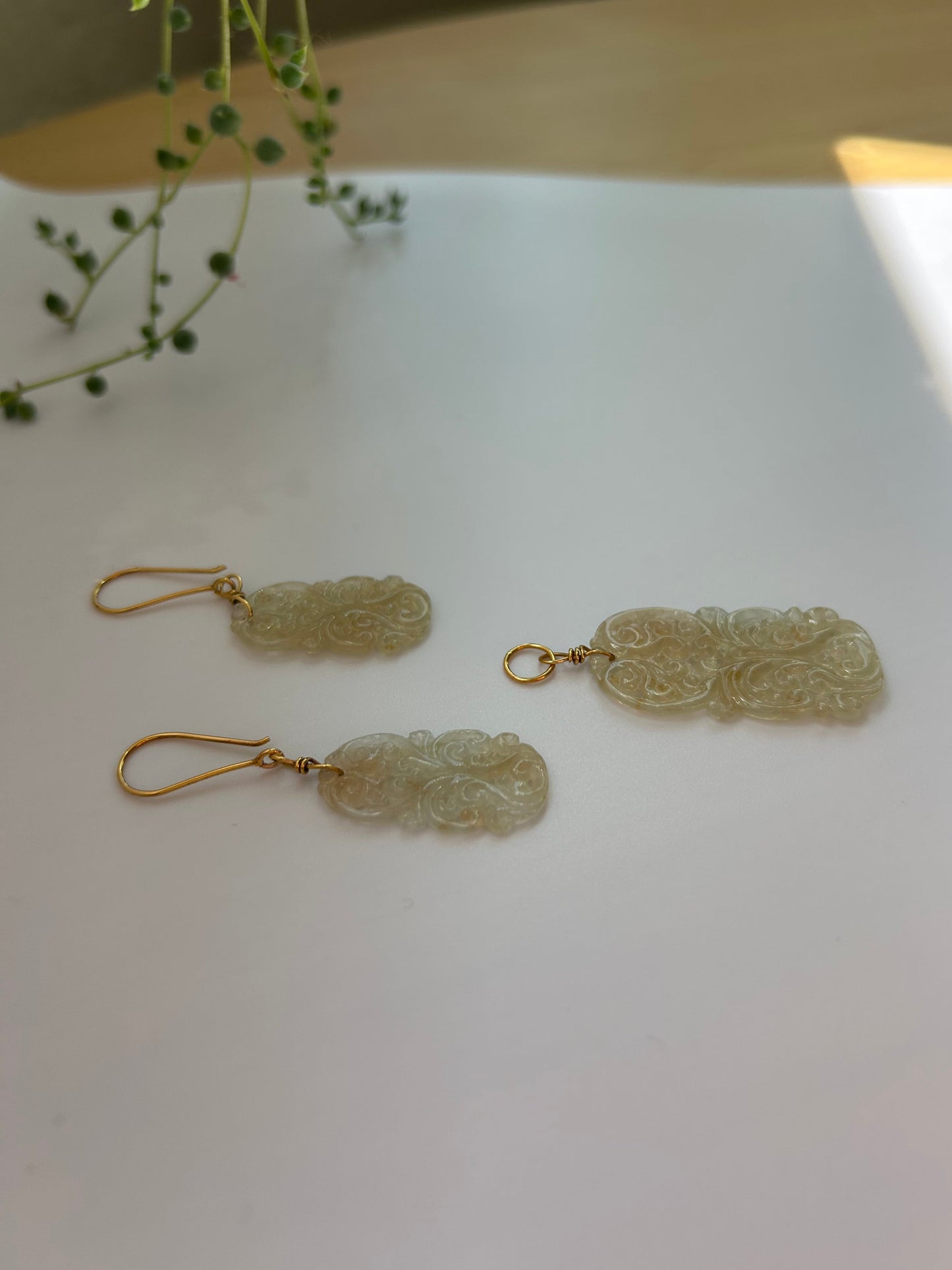 Natural Yellow Jade Carved Set - Earring & Pendant (14K Gold Hooks)