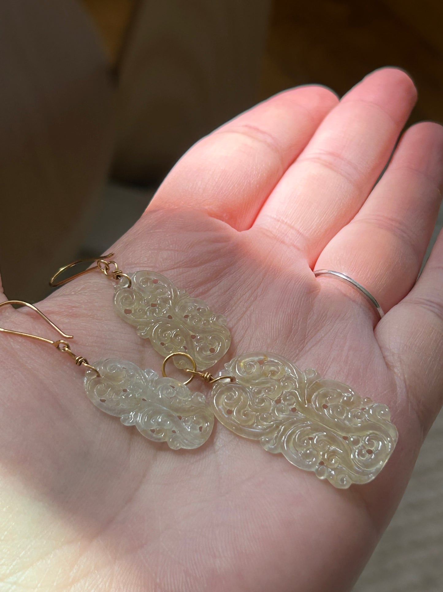 Natural Yellow Jade Carved Set - Earring & Pendant (14K Gold Hooks)
